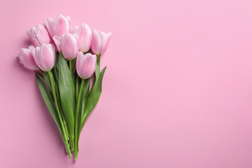 Beautiful tulips for Mother's Day on color background, top view