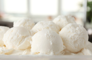 Fototapeta na wymiar Plate with tasty vanilla ice cream, closeup