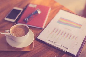 Cup of art latte or cappuccino coffee with retro filter effect