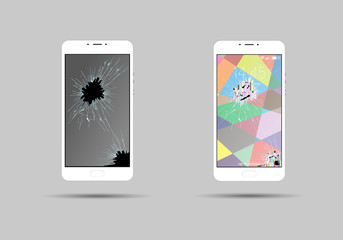 White modern phone with broken screen glass and on and off screen with shadow on gray background