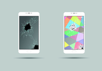 White modern phone with broken screen glass and on and off screen with shadow on gray background