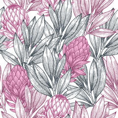 Fototapety  Protea seamless pattern. Linear sketchy style flower elements. Vintage fabric design. 