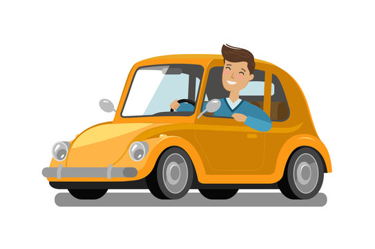 Happy male driver rides car. Driving, trip, taxi concept. Cartoon vector illustration