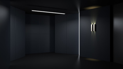 3D rendering minimalist and modern design studio room space background, low key lighting .