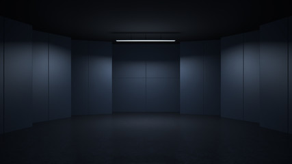 3D rendering minimalist and modern design studio room space background, low key lighting .