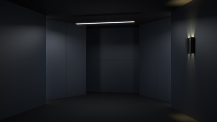 3D rendering minimalist and modern design studio room space background, low key lighting .