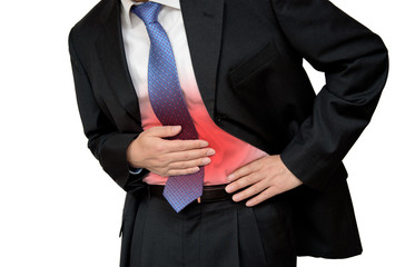 Businessman holding his stomach in pain with stomachache or indigestion