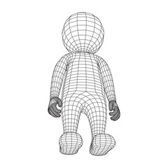 Wireframe low poly mesh human cartoon body in virtual reality. Medical blueprint scanned 3D model. Polygonal technology design.