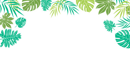 Tropical leaves on transparent background. Flat style vector design.  Top view, frame and copy space for text.