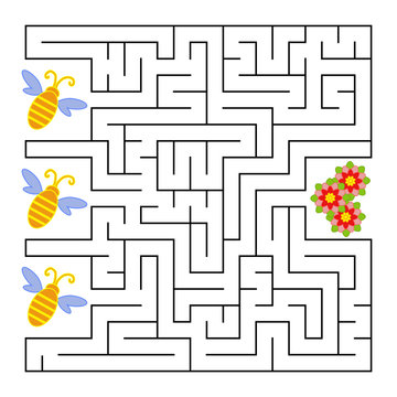 A square labyrinth. What a bee will fly to the flower. Simple flat isolated vector illustration. With the answer.