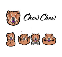 Chow Chow dog. Rock gesture, Muscles, Bone, Middle finger, Horns. Dog head, muzzle, face. Dog breed. Vector.