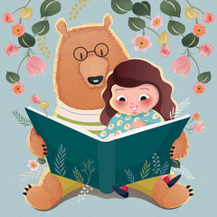 Vector illustration of a cute girl and a big bear reading a book with floral background for thank you card and birthday card.			