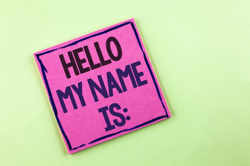Text sign showing Hello My Name Is. Conceptual photo meeting someone new Introduction Interview Presentation written on Pink Sticky Note Paper on the plain background.