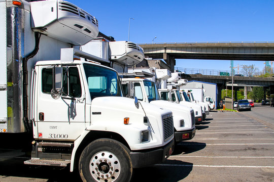 A Row of Large, White, Refrigerated. Trucks