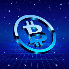 Bitcoin chrome sign with sci-fi futuristic neon grid