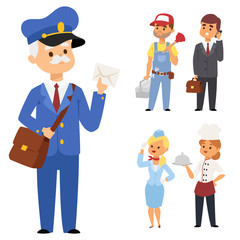 People different professions vector illustration. Success teamwork diversity human work lifestyle. Standing successful young professions person character in uniform