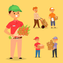 Delivery man boy vector service workers and clients couriers delivering man characters shop mailmen bringing packages holding boxes documents illustration. Postman worker male conveyance