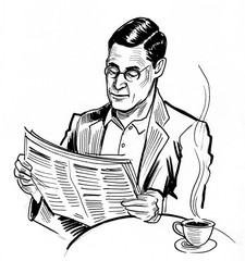 Gentleman is drinking tea and reading a newspaper. Ink black and white drawing