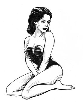Ink black and white drawing of a pretty woman in swimming suit