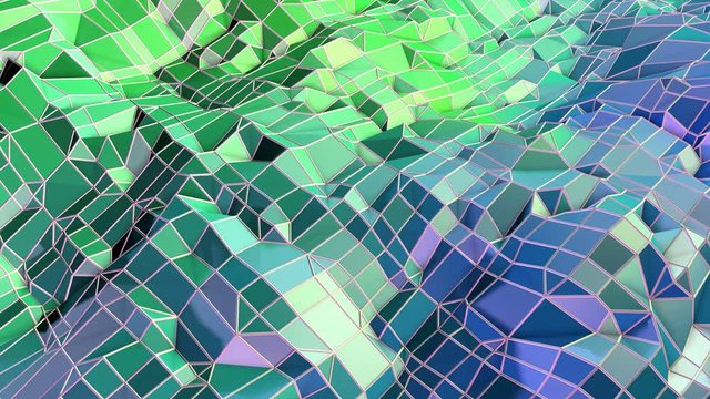 Abstract low poly style looped geometric background. 3d seamless animation in 4k. Modern gradient colors. Low poly blue green surface as cartoon terrain v5
