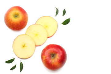red apples with slices isolated on white background. top view