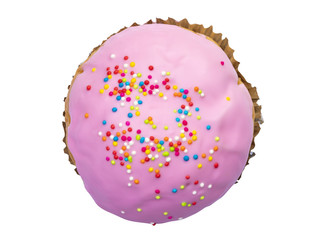pink chocolate coated bun cupcake isolated on white background