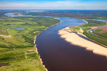 Big plain river, top view