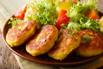 Delicious hot potato pancakes with fresh vegetable salad close-up. horizontal