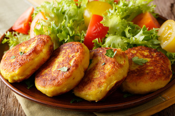 Freshly prepared potato pancakes are served with fresh salad close-up. horizontal