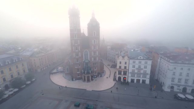 Aerial of Cracow in fog, Poland  7