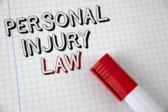 Handwriting Text Personal Injury Law. Concept Meaning Guarantee Your Rights In Case Of Hazards Or Risks Written On Notebook Paper Marker Next To It. Top View.