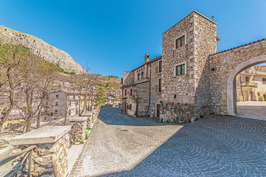 Celano, Italy - 7 April 2018 - A mountain town in province of L'Aquila, Abruzzo region, beside the city of Avezzano, with the medieval stone castle Piccolomini, now public museum