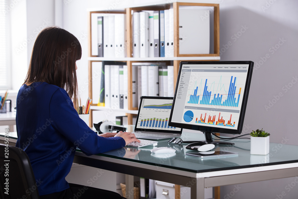 Poster businesswoman working with graph on computer