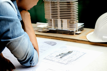 Architect Engineer Design Working on Blueprint Planning Concept. Construction Concept