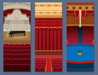 Theater stage with curtains entertainment spotlights theatrical scene interior old opera performance background vector illustration.