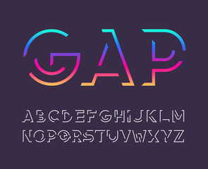 Gap line bold latin font, graphical decorative alphabet, vector modern broken, fragmented letters.