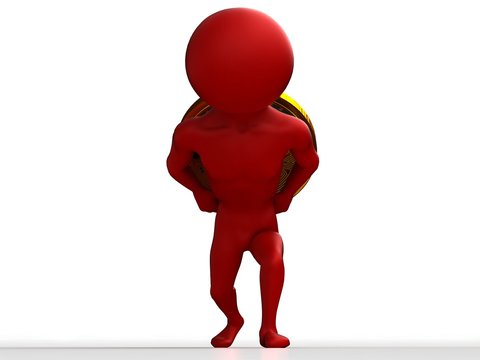 3d small person dragging a heavy gold coin bitkoin isolated on white background. 3d render