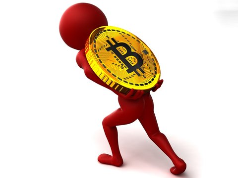3d small person dragging a heavy gold coin bitkoin isolated on white background. 3d render