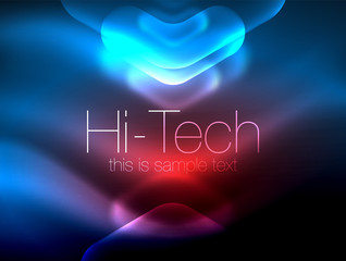 Blurred arrows in dark space. Neon pointers, glass glossy design, abstract shiny techno background, web banner