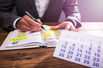 Businessperson's Hand Checking Schedule In Diary