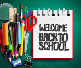 Back to school vector background design with school supplies, education items and white space for welcome back to school text in green texture background. Vector illustration.
