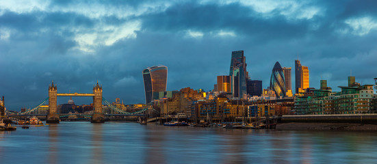 London, England - Panoramic skyline view of London with Tower Bridge, skyscrapers of Bank District...