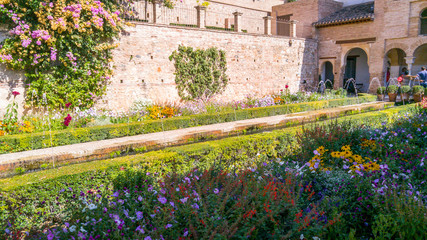 Garden with flowers in the Alhambra in Granada Spain