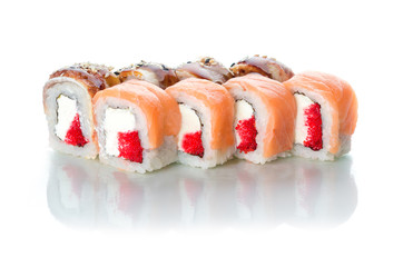 On white isolated background with reflection, land rolls uramaki, with eel name Atlantic