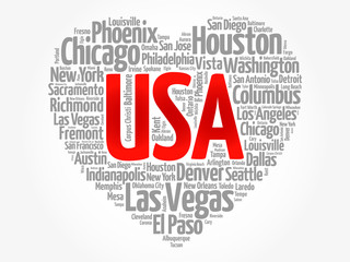 List of cities and towns in USA composed in love sign heart shape, word cloud collage, business and travel concept background