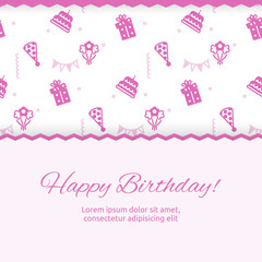 Happy Birthday poster design. Birthday party banner with cute pink pattern