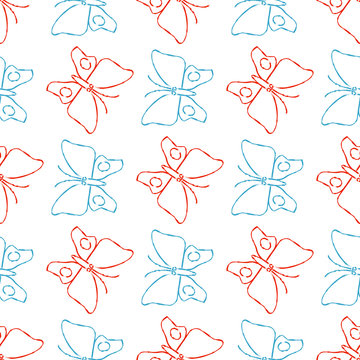 Color pencil sketch butterflies seamless pattern