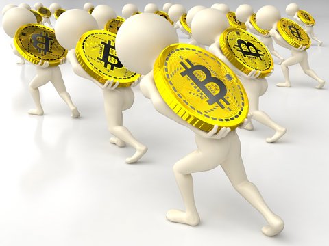 A Crowd Of 3d Small White Men Slowly Pulling The Coats Uphill Dragging A Heavy Gold Coin Bitcoin Isolated On White Background. 3d Render