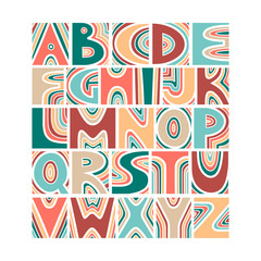 Vector handwritten uppercase artistic  alphabet in pastel colors.