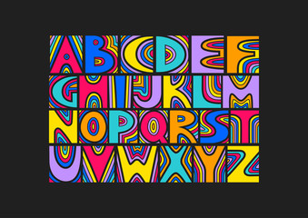 Vector handwritten uppercase artistic colorful alphabet. For design of music posters, festivals, placards, CD covers.